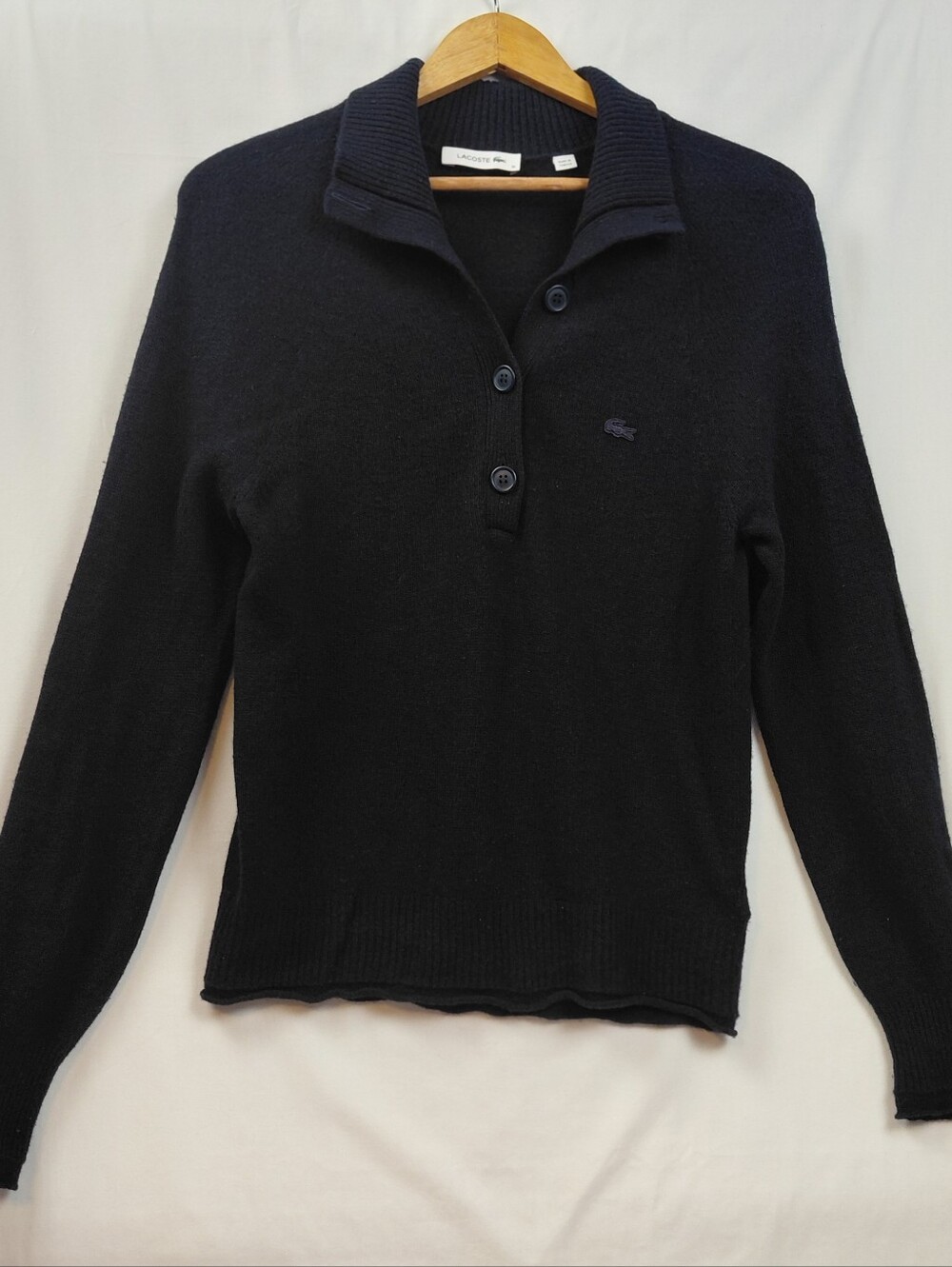 Lacoste Quarter Buttoned Sweater 100% Wool Women's Size 34 US XS Blue Logo